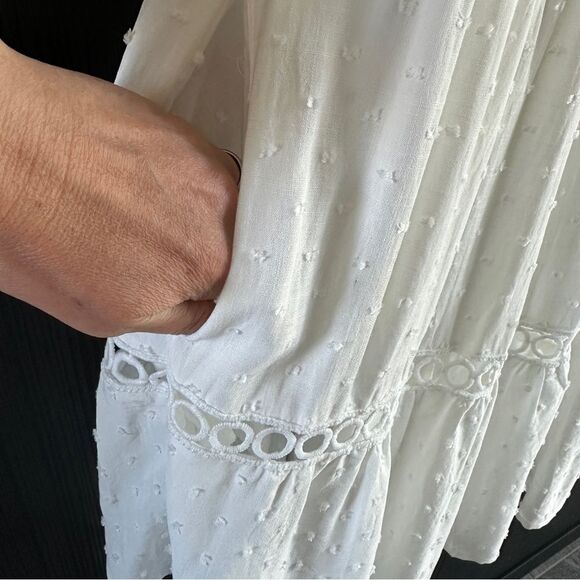 NWT Aakaa White Sleeveless Flutter Swiss Dot Baby doll Mini Sundress w/Pockets S - Picture 13 of 16